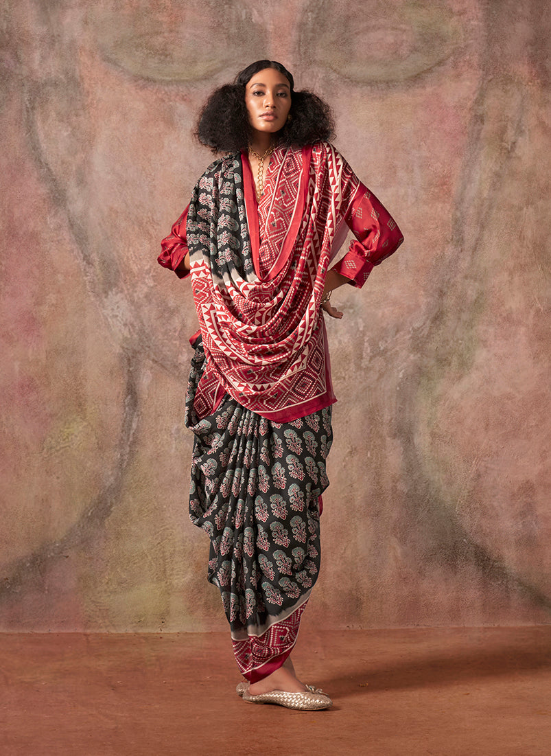 Monjolika Fashion Black & Red Color Ajrakh Print With Bandhej Pattern Satin Georgette Saree - Distacart