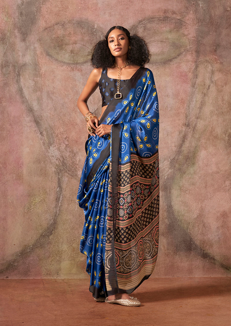 Monjolika Fashion Blue & Black Color Ajrakh Print With Bandhej Pattern Satin Georgette Saree - Distacart