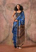 Monjolika Fashion Blue & Black Color Ajrakh Print With Bandhej Pattern Satin Georgette Saree - Distacart