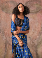 Monjolika Fashion Blue & Black Color Ajrakh Print With Bandhej Pattern Satin Georgette Saree - Distacart