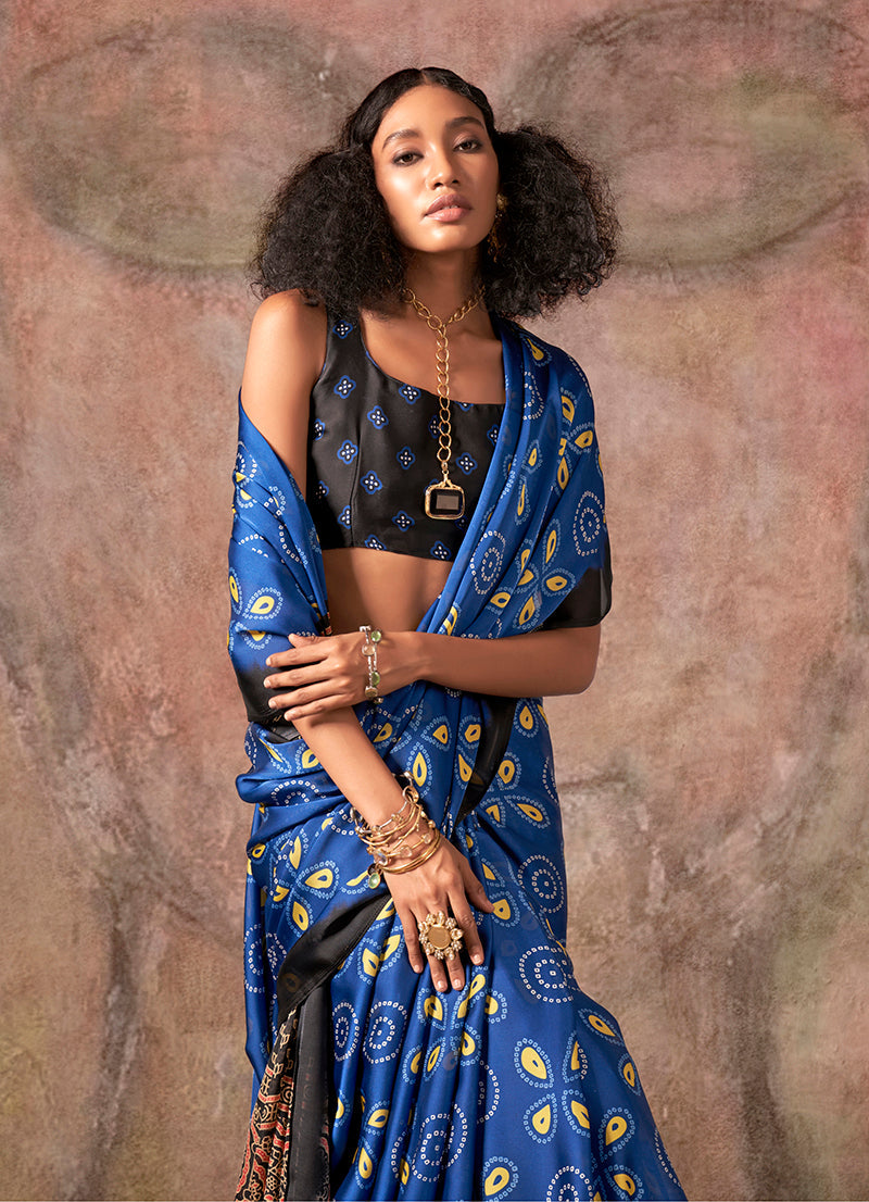 Monjolika Fashion Blue & Black Color Ajrakh Print With Bandhej Pattern Satin Georgette Saree - Distacart