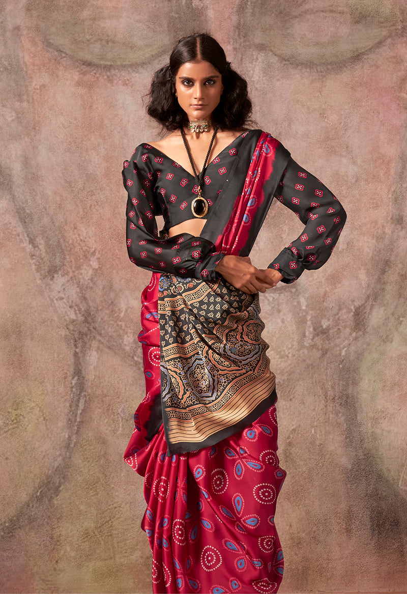 Monjolika Fashion Red Color Ajrakh Print With Bandhej Pattern Satin Georgette Saree - Distacart