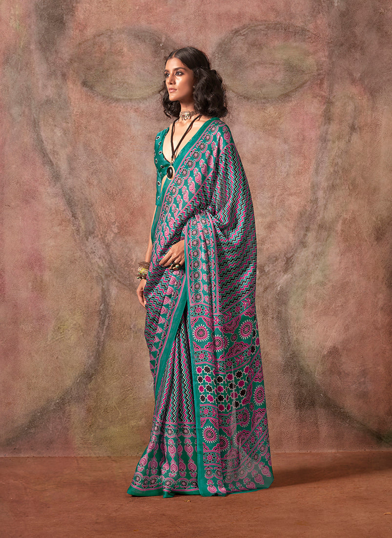 Monjolika Fashion Turquoise Color Ajrakh Print With Bandhej Pattern Satin Georgette Saree - Distacart