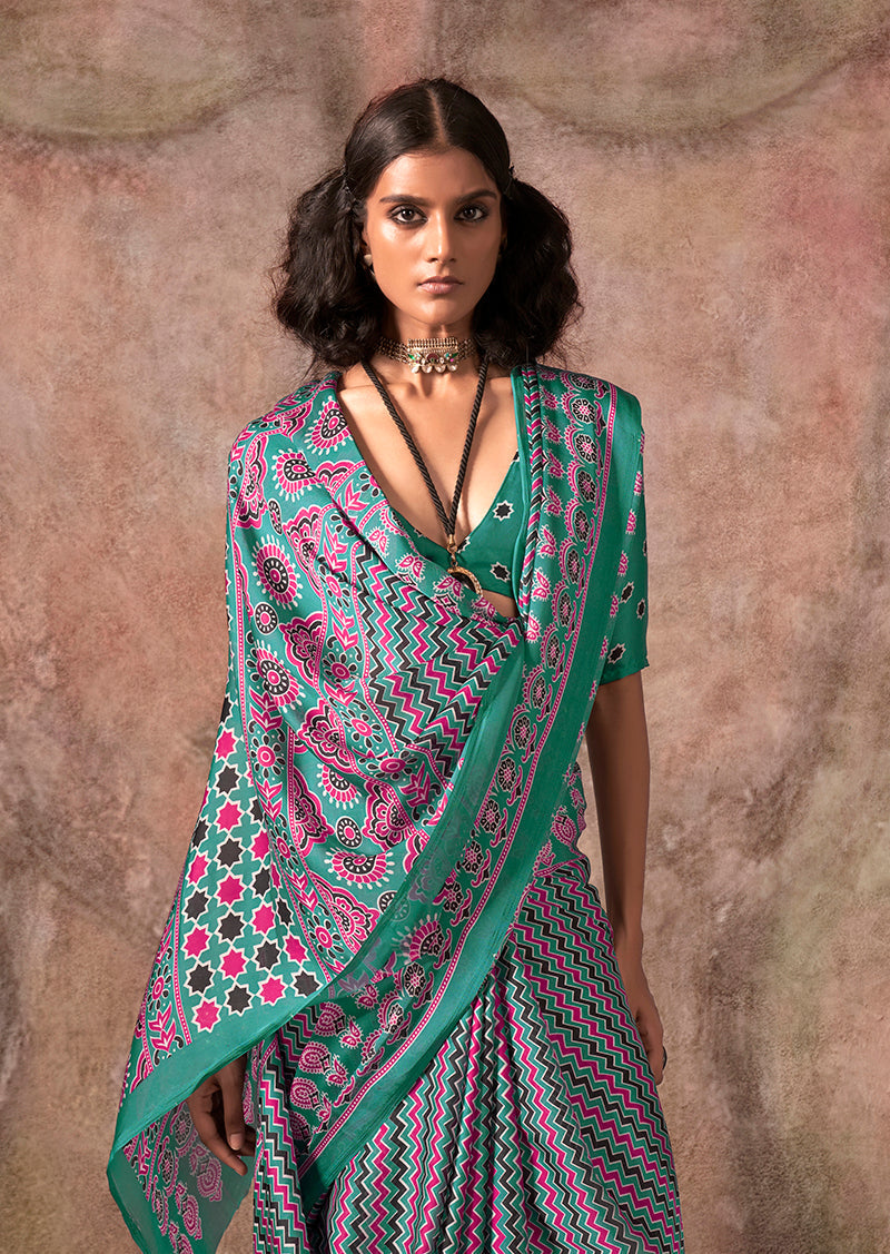 Monjolika Fashion Turquoise Color Ajrakh Print With Bandhej Pattern Satin Georgette Saree - Distacart