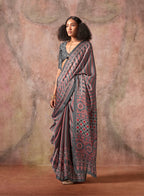 Monjolika Fashion Grey Color Ajrakh Print With Bandhej Pattern Satin Georgette Saree - Distacart