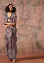 Monjolika Fashion Grey Color Ajrakh Print With Bandhej Pattern Satin Georgette Saree - Distacart