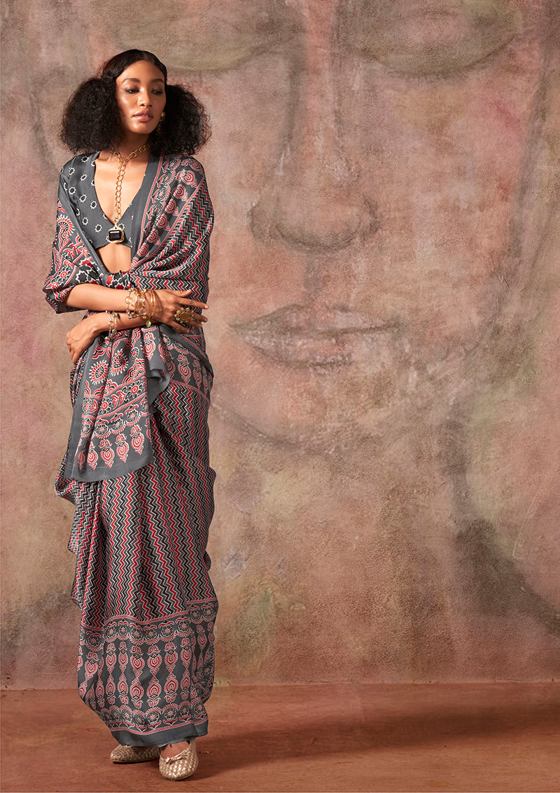 Monjolika Fashion Grey Color Ajrakh Print With Bandhej Pattern Satin Georgette Saree - Distacart