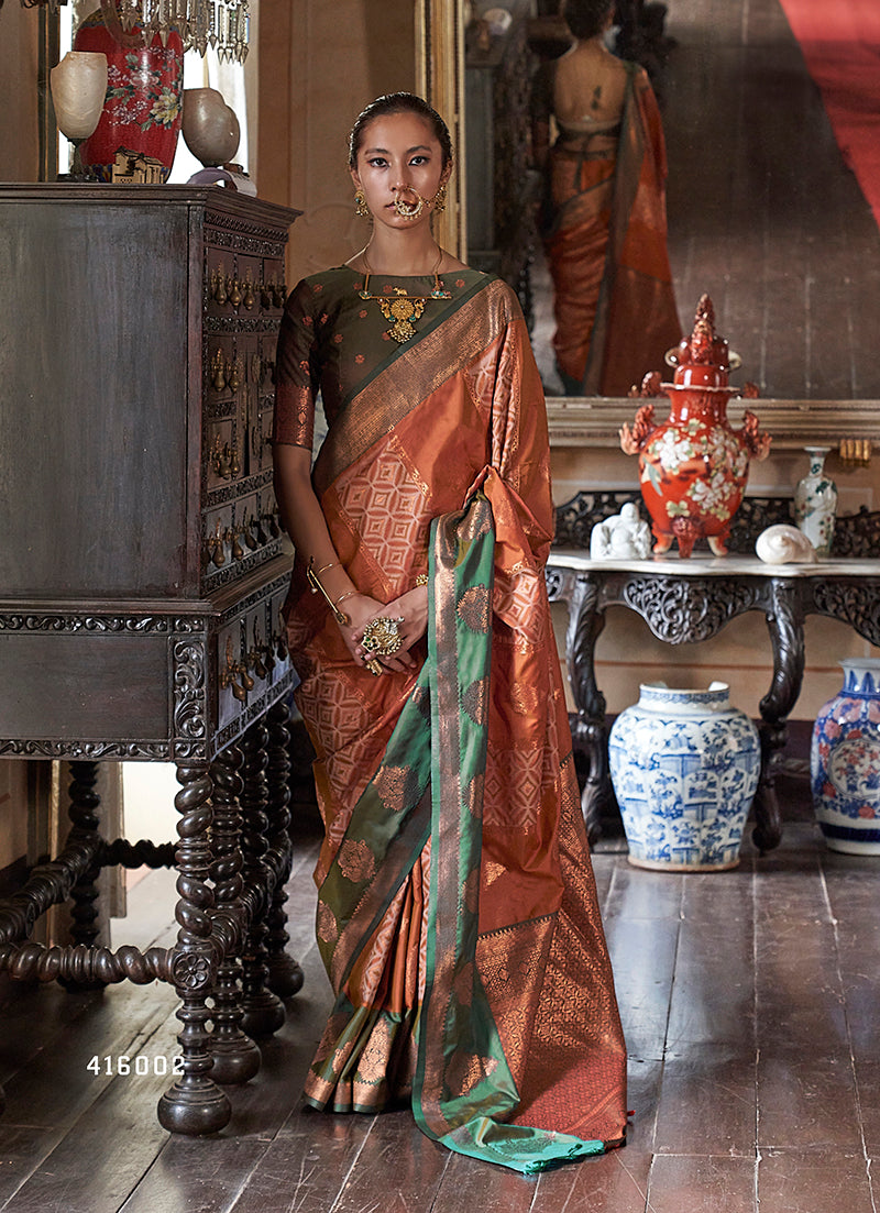 Monjolika Fashion Rust Zari Woven Work Silk Indian Traditional Wear Saree - Distacart