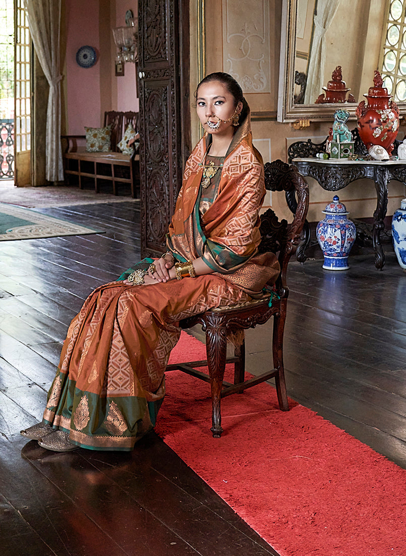 Monjolika Fashion Rust Zari Woven Work Silk Indian Traditional Wear Saree - Distacart