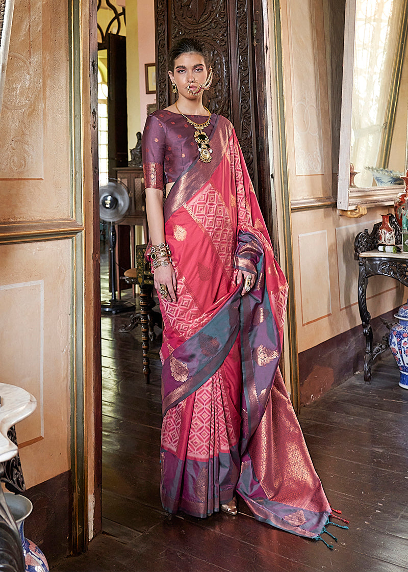 Monjolika Fashion Pink Zari Woven Work Silk Indian Traditional Wear Saree - Distacart