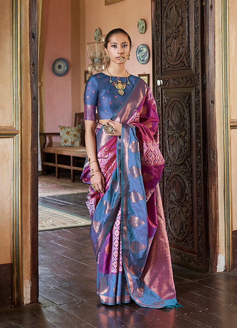 Monjolika Fashion Magenta Zari Woven Work Silk Indian Traditional Wear Saree - Distacart