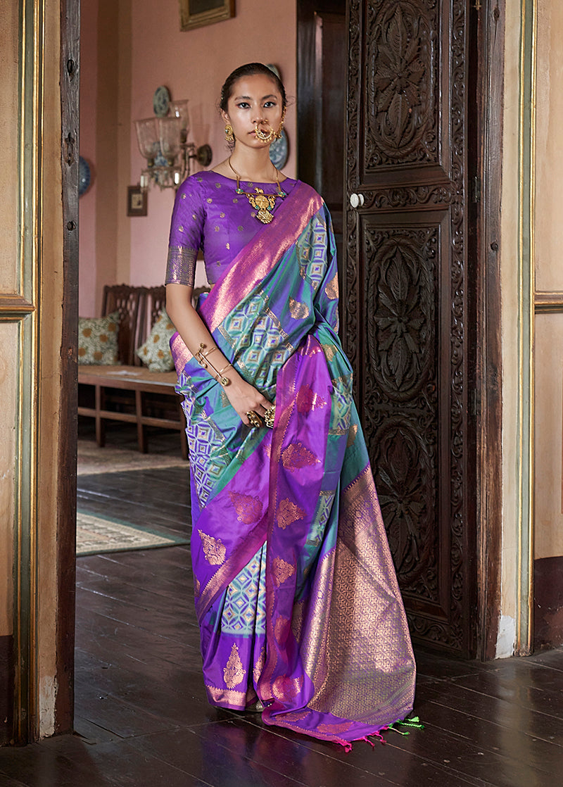 Monjolika Fashion Turquoise Zari Woven Work Silk Indian Traditional Wear Saree - Distacart