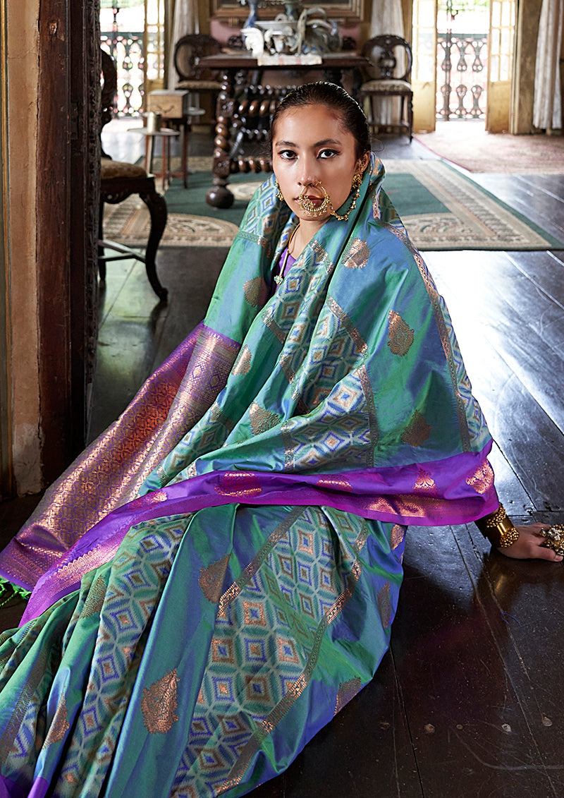 Monjolika Fashion Turquoise Zari Woven Work Silk Indian Traditional Wear Saree - Distacart