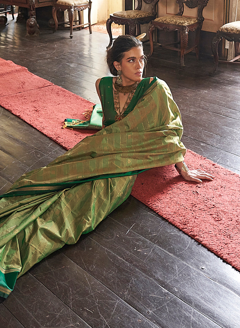 Monjolika Fashion Parrot Green Exclusive Tussar Silk With Elegant Weaving Work Traditional Saree - Distacart