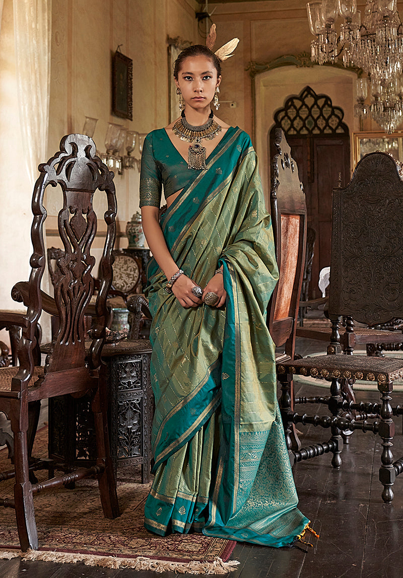 Monjolika Fashion Sea Green Exclusive Tussar Silk With Elegant Weaving Work Traditional Saree - Distacart