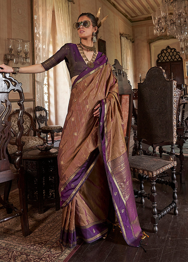 Monjolika Fashion Brown Exclusive Tussar Silk With Elegant Weaving Work Traditional Saree - Distacart