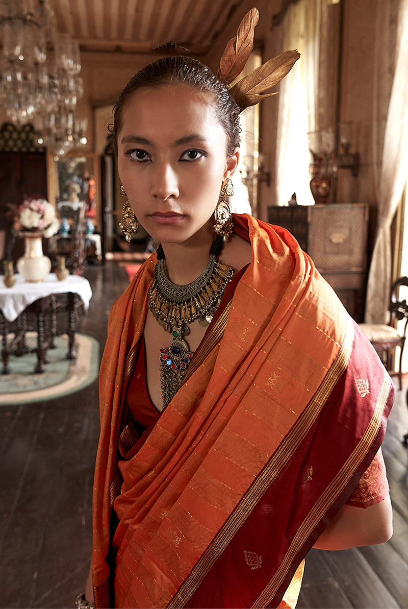 Monjolika Fashion Orange Exclusive Tussar Silk With Elegant Weaving Work Traditional Saree - Distacart