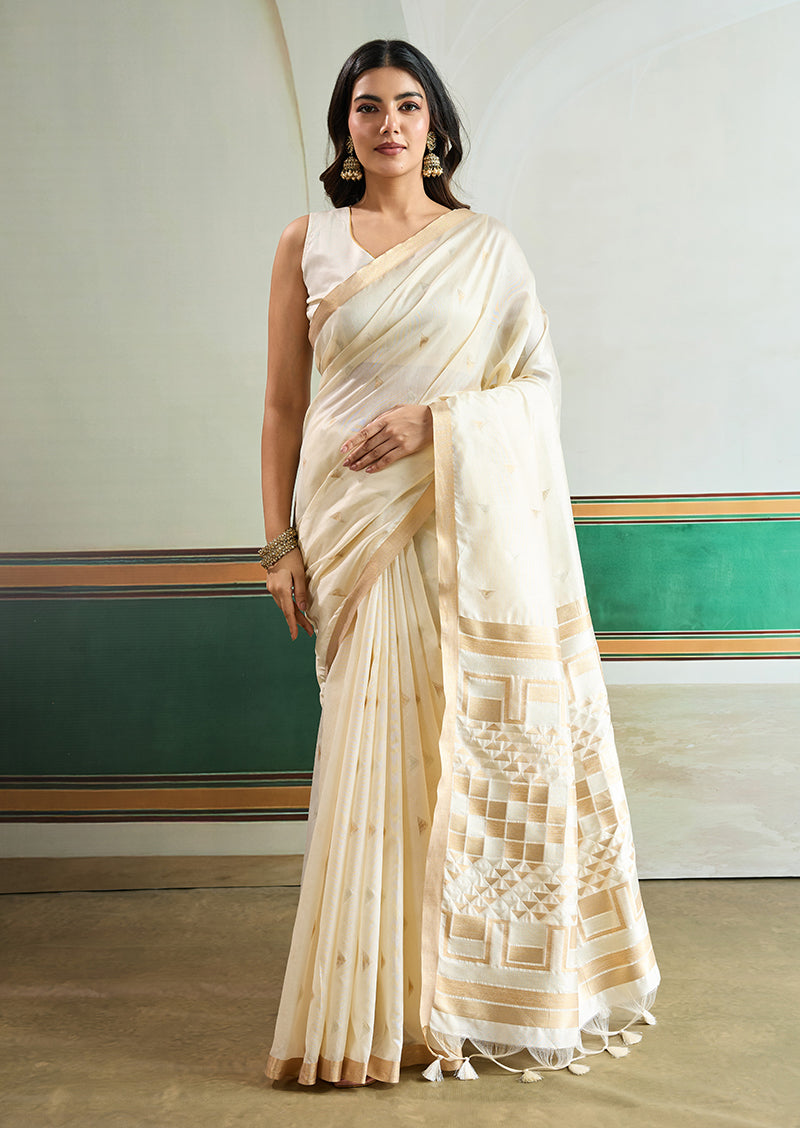 Monjolika Fashion Off White Handloom Weaving Silk Festival Wear Saree - Distacart
