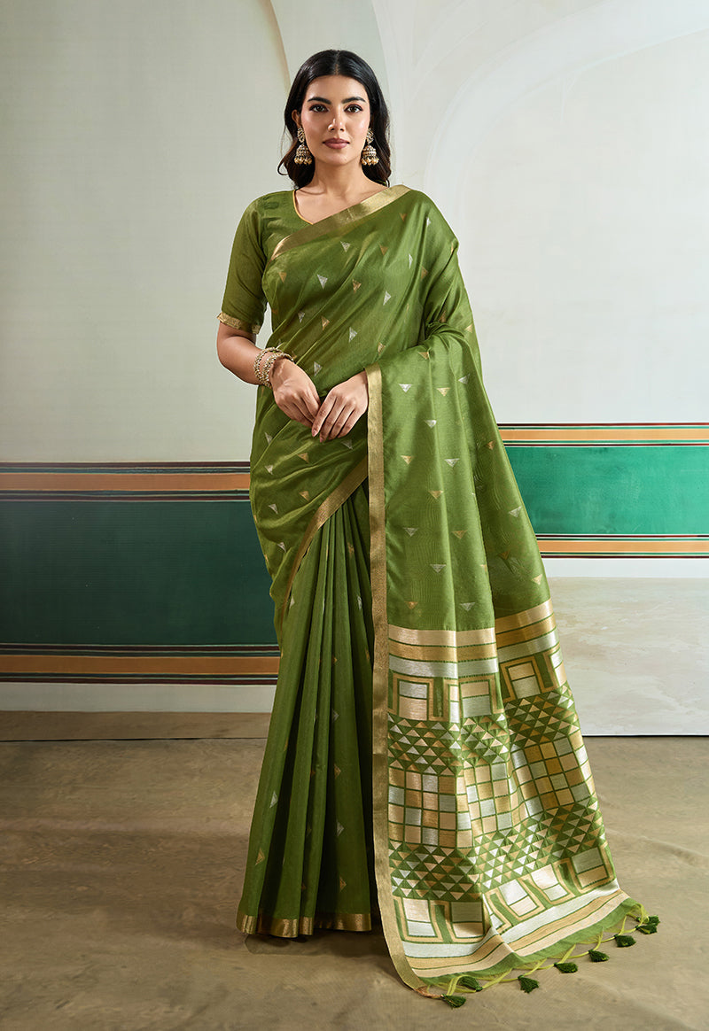 Monjolika Fashion Green Handloom Weaving Silk Festival Wear Saree - Distacart