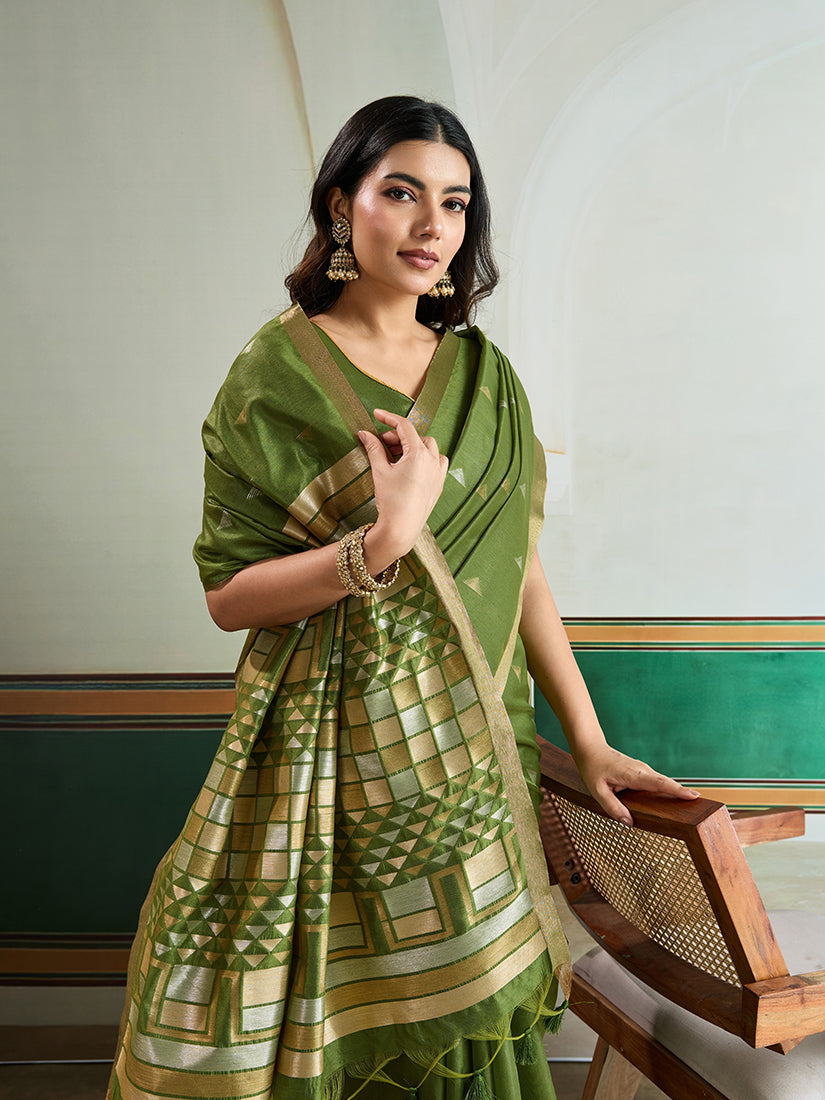 Monjolika Fashion Green Handloom Weaving Silk Festival Wear Saree - Distacart