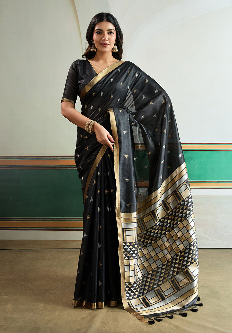 Monjolika Fashion Black Handloom Weaving Silk Festival Wear Saree - Distacart