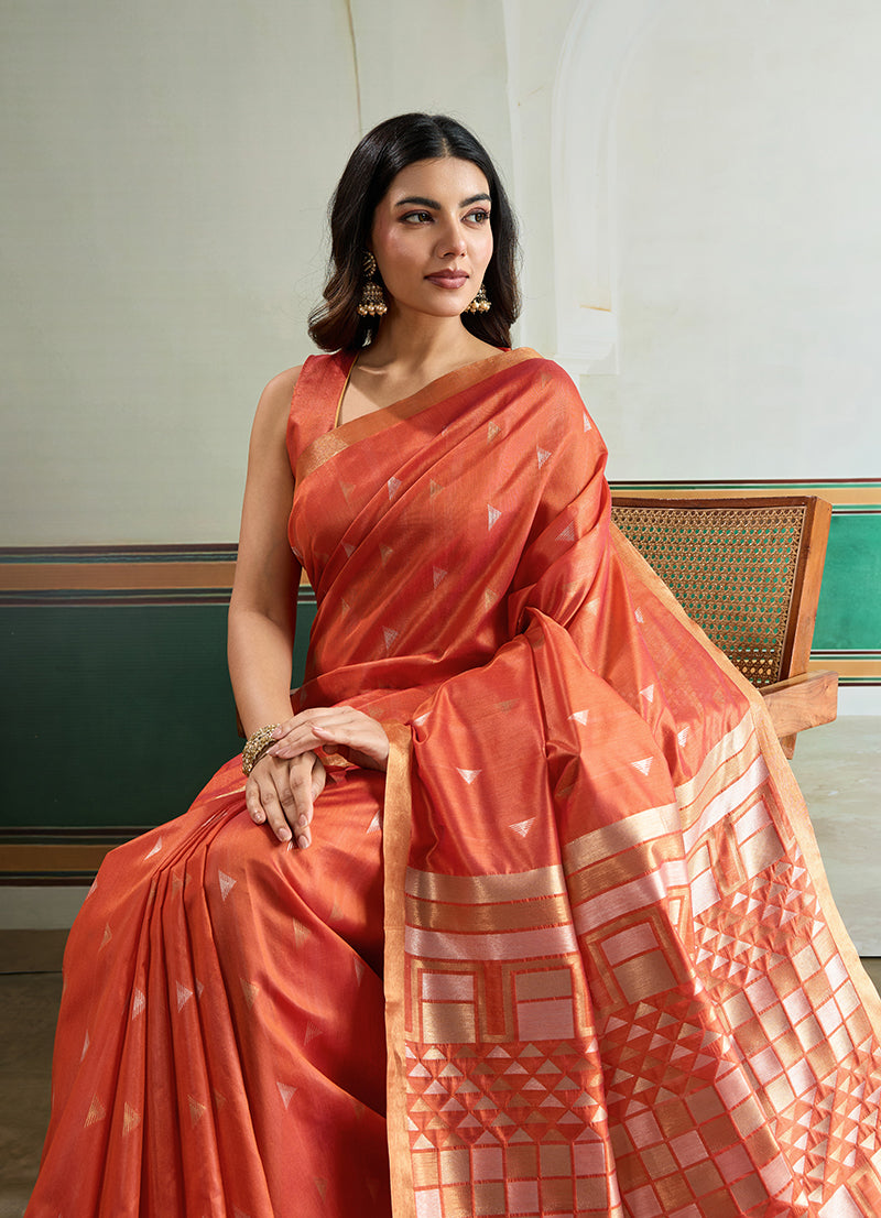 Monjolika Fashion Dark Peach Handloom Weaving Silk Festival Wear Saree - Distacart