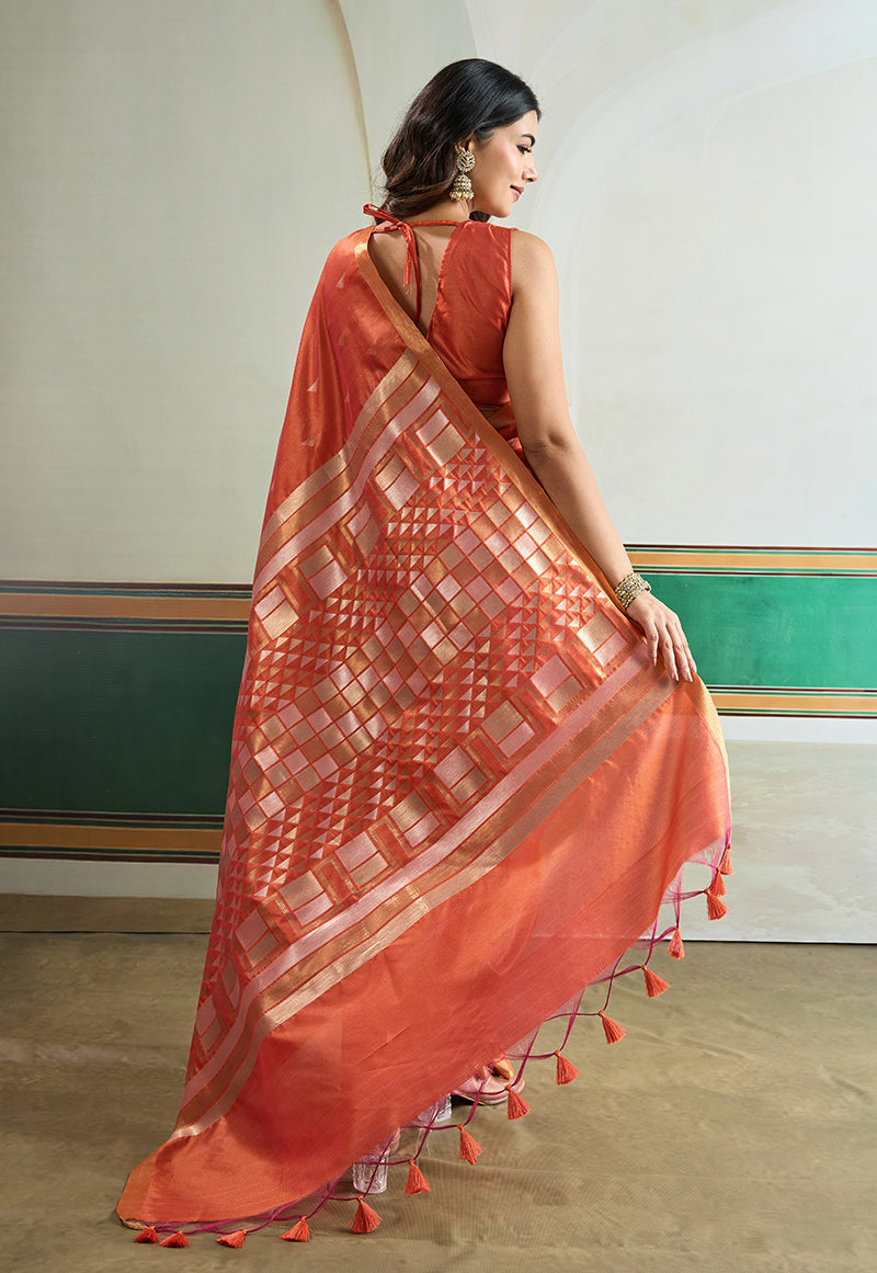 Monjolika Fashion Dark Peach Handloom Weaving Silk Festival Wear Saree - Distacart