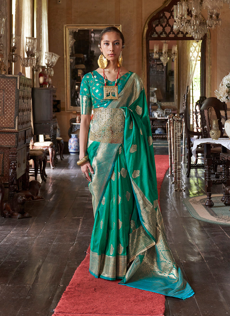 Monjolika Fashion Teal Color Two Tone Handloom Weaving Silk Traditional Saree - Distacart
