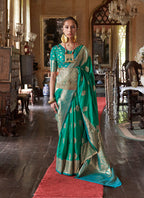 Monjolika Fashion Teal Color Two Tone Handloom Weaving Silk Traditional Saree - Distacart