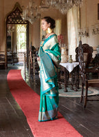 Monjolika Fashion Teal Color Two Tone Handloom Weaving Silk Traditional Saree - Distacart