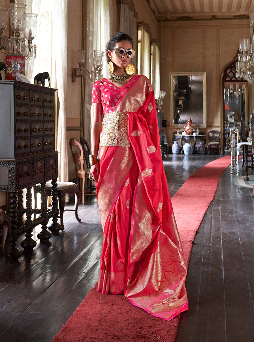 Monjolika Fashion Pink Color Two Tone Handloom Weaving Silk Traditional Saree - Distacart