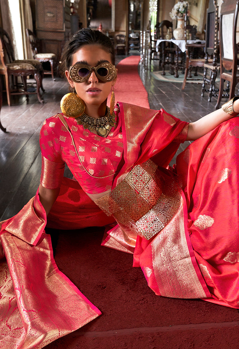 Monjolika Fashion Pink Color Two Tone Handloom Weaving Silk Traditional Saree - Distacart