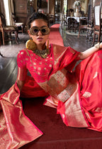 Monjolika Fashion Pink Color Two Tone Handloom Weaving Silk Traditional Saree - Distacart