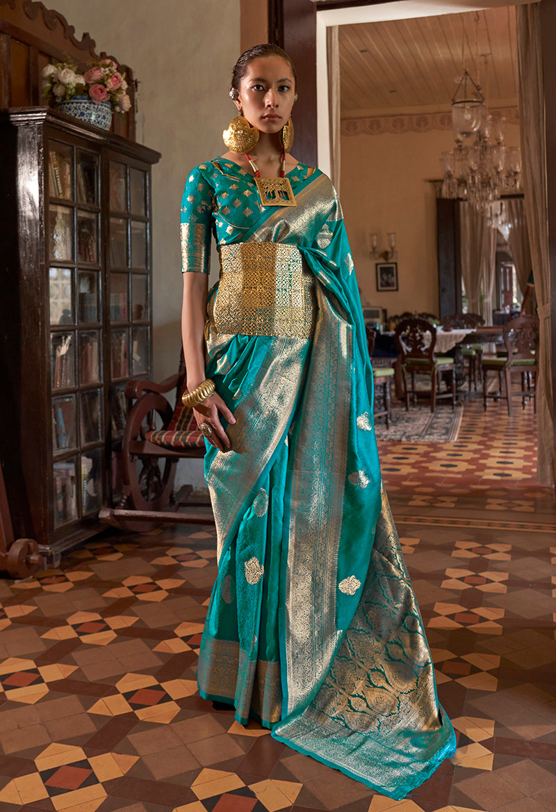 Monjolika Fashion Turquoise Color Two Tone Handloom Weaving Silk Traditional Saree - Distacart
