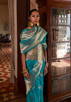 Monjolika Fashion Turquoise Color Two Tone Handloom Weaving Silk Traditional Saree - Distacart