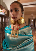 Monjolika Fashion Turquoise Color Two Tone Handloom Weaving Silk Traditional Saree - Distacart