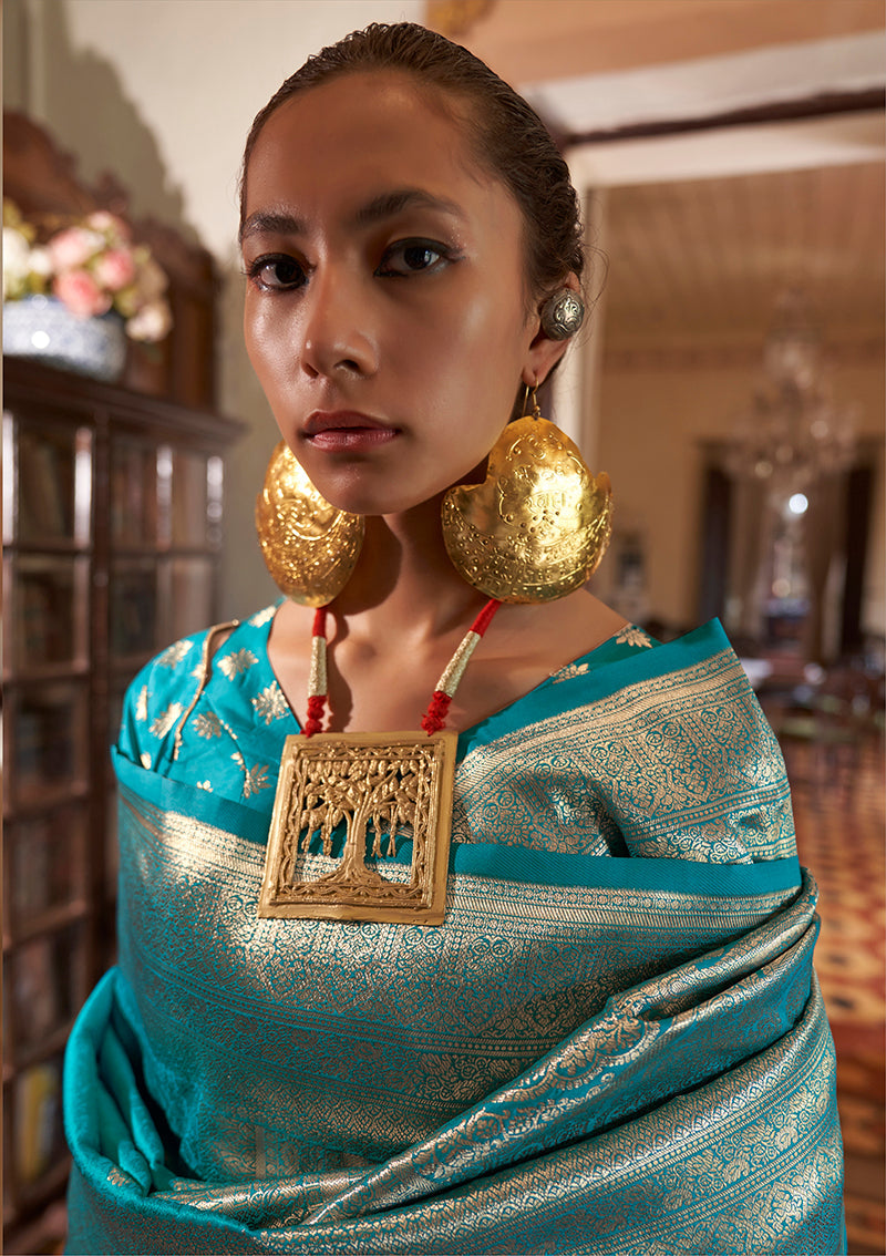 Monjolika Fashion Turquoise Color Two Tone Handloom Weaving Silk Traditional Saree - Distacart