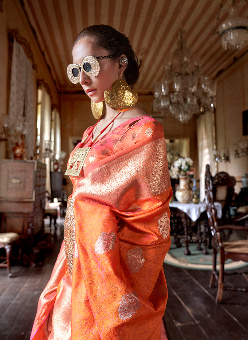 Monjolika Fashion Orange Color Two Tone Handloom Weaving Silk Traditional Saree - Distacart