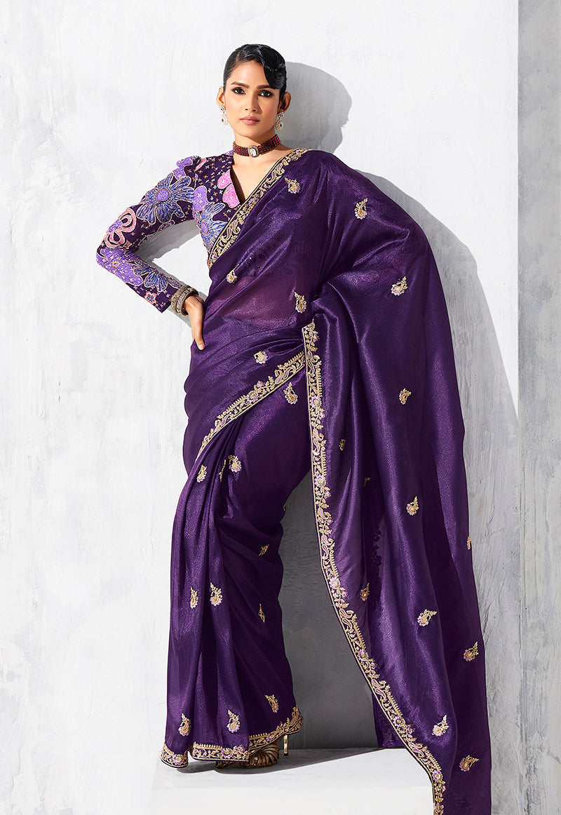 Monjolika Fashion Purple Fancy Fabric Embroidered Contemporary Saree - Distacart