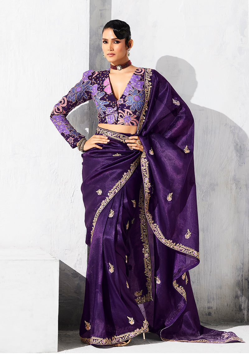 Monjolika Fashion Purple Fancy Fabric Embroidered Contemporary Saree - Distacart