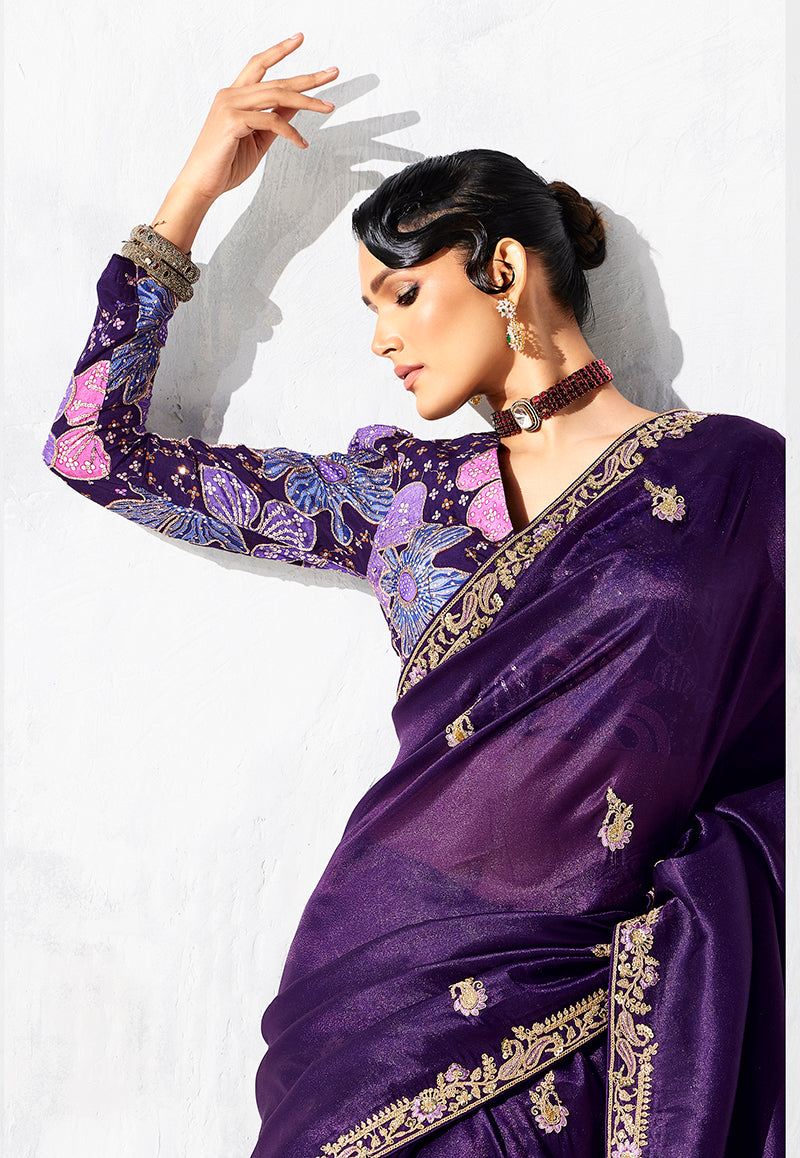 Monjolika Fashion Purple Fancy Fabric Embroidered Contemporary Saree - Distacart