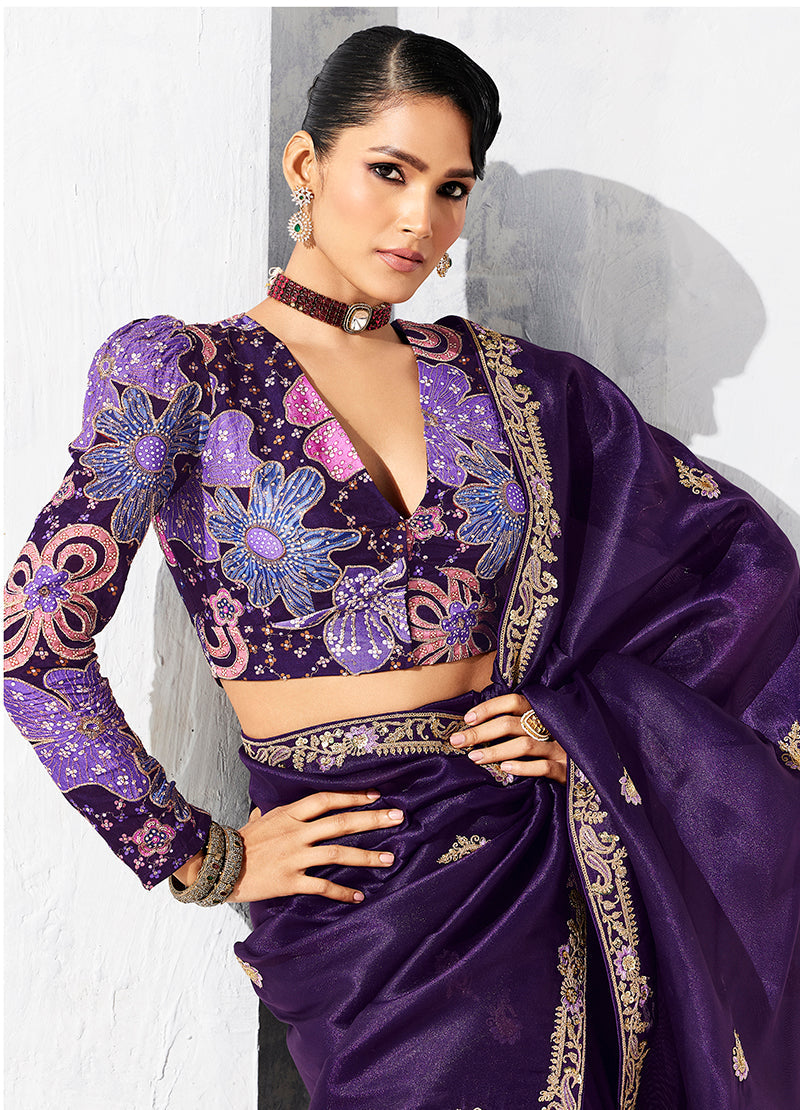 Monjolika Fashion Purple Fancy Fabric Embroidered Contemporary Saree - Distacart