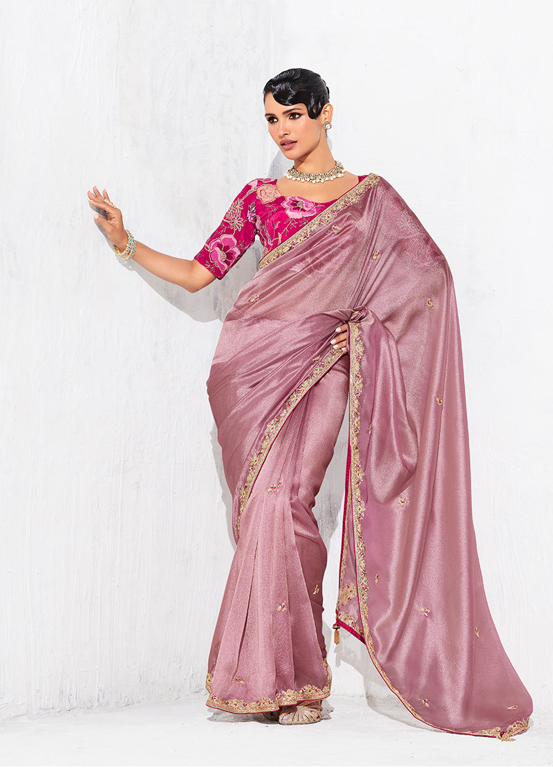 Monjolika Fashion Pink Fancy Fabric Embroidered Contemporary Saree - Distacart