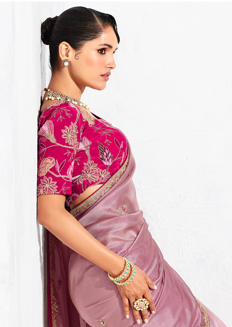 Monjolika Fashion Pink Fancy Fabric Embroidered Contemporary Saree - Distacart