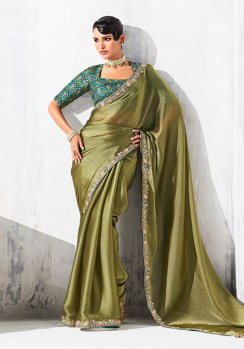Monjolika Fashion Olive Green Fancy Fabric Embroidered Contemporary Saree - Distacart