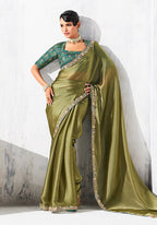 Monjolika Fashion Olive Green Fancy Fabric Embroidered Contemporary Saree - Distacart