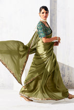 Monjolika Fashion Olive Green Fancy Fabric Embroidered Contemporary Saree - Distacart