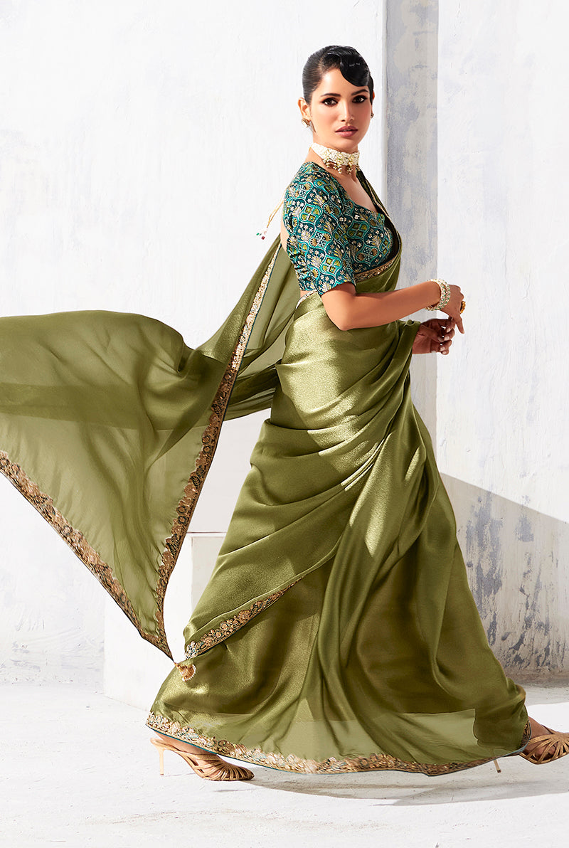 Monjolika Fashion Olive Green Fancy Fabric Embroidered Contemporary Saree - Distacart