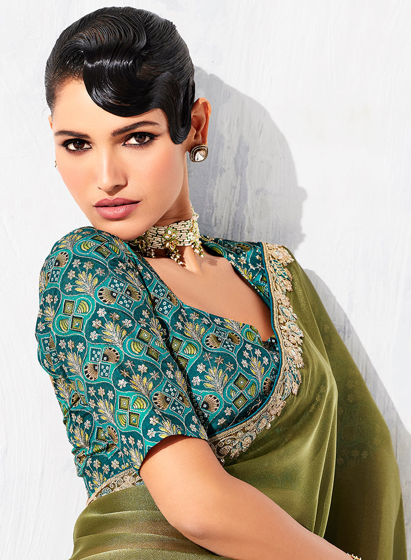 Monjolika Fashion Olive Green Fancy Fabric Embroidered Contemporary Saree - Distacart