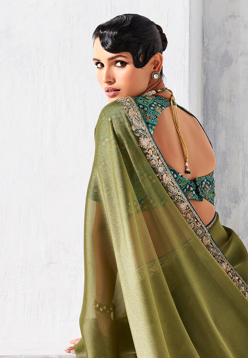 Monjolika Fashion Olive Green Fancy Fabric Embroidered Contemporary Saree - Distacart